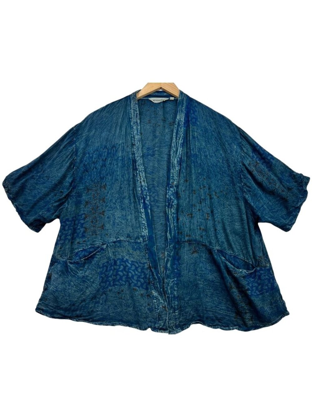 Windhorse Women's Noragi Kimono Jacket Short Sleeve Stretch Size S Blue Printed